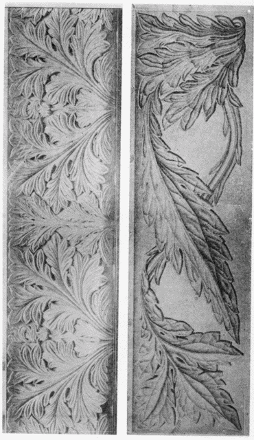 XIV.Two designs
for Carving, by Philip Webb.
One executed, one in drawing.